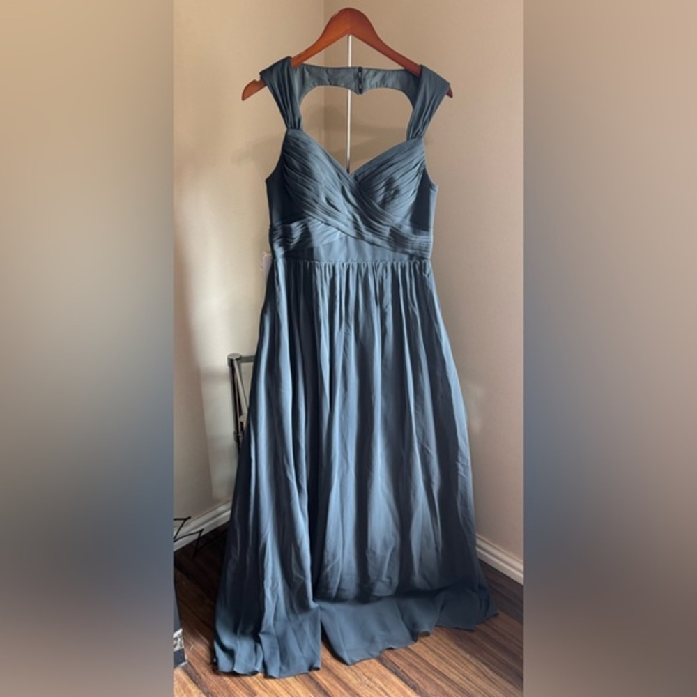 Azazie Slate Blue Maxi Dress heart shaped cut out in back